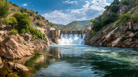 Experience the beauty of a stunning waterfall flowing from a dam, surrounded by vibrant greenery and majestic mountains under a clear blue sky.の素材