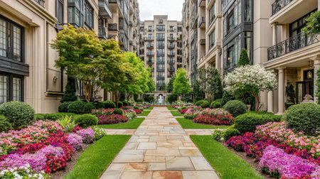 A stunning view of a beautifully landscaped garden pathway within an urban residential complex, featuring vibrant flowers and lush greenery.の素材