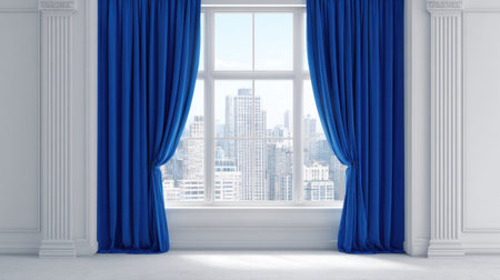 A bright room featuring vibrant blue curtains elegantly framing a large window that opens to a stunning modern city skyline, creating an inviting atmosphere.の素材