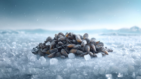 A stunning close-up of freshly harvested seafood arranged on ice, showcasing the beauty and freshness of marine life against a serene backdrop.の素材