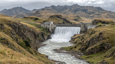 This captivating image features a powerful waterfall cascading from a dam, set against a backdrop of majestic mountains and golden grasslands. The scene embodies the essence of nature and engineering harmoniously blending together in a tranquil yet dynamic landscape.の素材