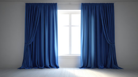 A serene scene featuring elegant blue curtains framing a bright window, perfect for enhancing modern interior decor and creating a cozy atmosphere.の素材