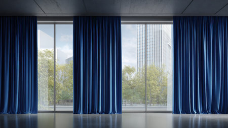 A serene interior view featuring vibrant blue curtains elegantly draping large glass windows that reveal a lush green landscape set against an urban backdrop.の素材