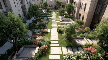 A stunning urban garden featuring a beautifully designed pathway lined with lush greenery and colorful flowers, perfect for relaxation and leisure activities.の素材