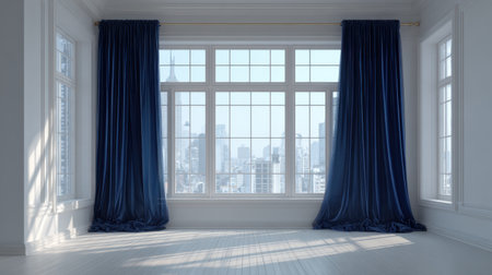 Bright and airy modern interior featuring large windows with blue curtains, offering a stunning view of the city skyline, creating a serene atmosphere.の素材