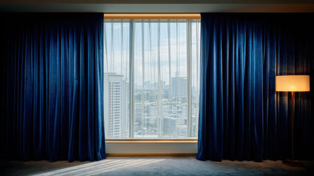 A tranquil hotel room featuring elegant blue curtains framing a large window, showcasing a vibrant city skyline under natural daylight. Perfect for relaxation.の素材