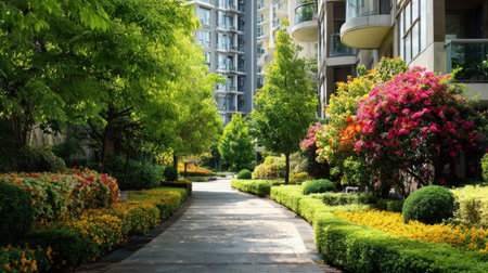 This image showcases a serene urban pathway lined with vibrant flowers and lush greenery, offering an inviting view in a modern residential area.の素材
