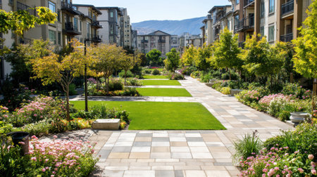This vibrant urban landscape features beautifully landscaped pathways, manicured lawns, and colorful flower beds, creating a serene environment in a modern residential community.の素材