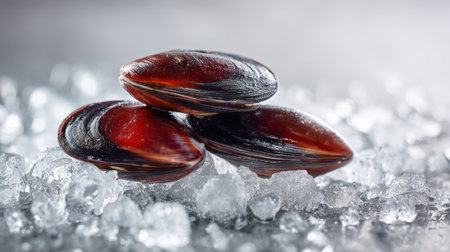 A stunning arrangement of fresh shellfish resting on a bed of ice, showcasing bright red shells with a glossy finish, perfect for culinary use and seafood lovers.の素材