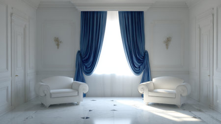 A serene and elegant interior featuring two white armchairs and rich blue drapes. Bright natural light filters through large windows, enhancing the sophisticated, minimalist ambiance.の素材
