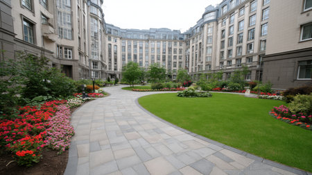 This image captures a peaceful urban courtyard featuring a winding pathway bordered by vibrant flower beds and lush green grass, perfect for relaxation.の素材