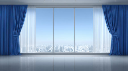 A stunning interior space featuring large windows that frame a breathtaking cityscape view, complemented by elegant blue curtains. The bright, modern design invites natural light, creating a serene atmosphere perfect for relaxation and inspiration.の素材