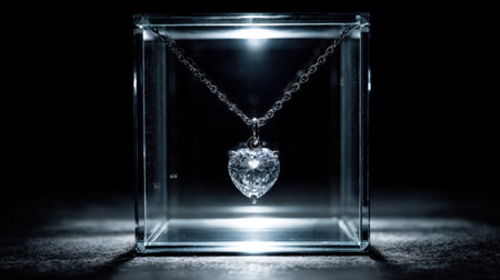 This stunning heart-shaped diamond pendant necklace shines brightly in a glass display box, beautifully illuminated against a dark backdrop, embodying elegance and luxury.の素材