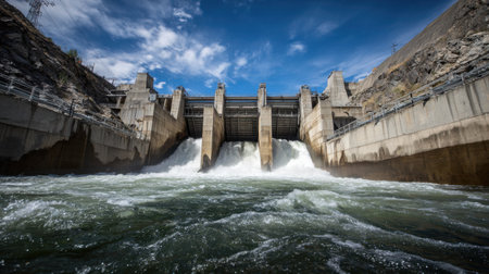 A breathtaking view of a hydroelectric dam releasing powerful water flow, surrounded by rocky terrain and a vibrant blue sky. The image captures energy and nature in harmony.の素材