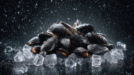 Captivating image of fresh mussels piled on ice, accented by sparkling water drops, ideal for seafood culinary themes and gourmet presentations.の素材