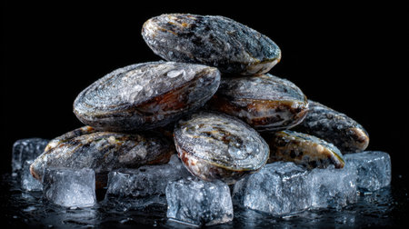 A beautifully arranged pile of fresh shellfish on clear ice, capturing the essence of quality seafood against a dramatic dark background.の素材