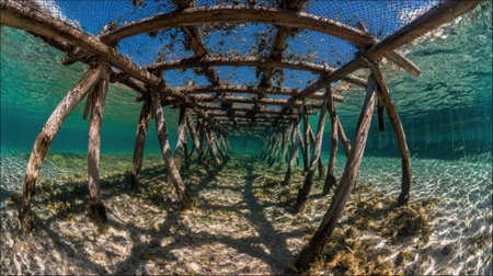 A captivating underwater scene featuring a wooden structure with beams and clear water, showcasing marine biodiversity and tranquil surroundings.の素材