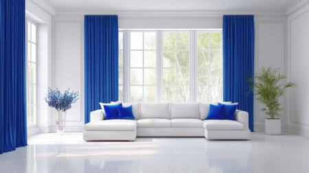 A stunning modern living room featuring a sleek white sofa adorned with blue cushions. The large windows flood the space with natural light, complemented by vibrant blue curtains, creating a serene atmosphere perfect for relaxation and stylish gatherings.の素材
