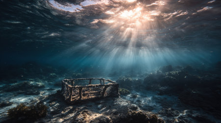 This captivating underwater scene captures the gentle rays of sunlight filtering through the ocean, illuminating a tranquil coral reef and the serene sea floor below.の素材