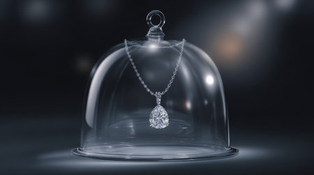 Stunning diamond pendant elegantly displayed under a glass dome, capturing the essence of luxury. Ideal for jewelry showcases and exquisite marketing visuals.の素材
