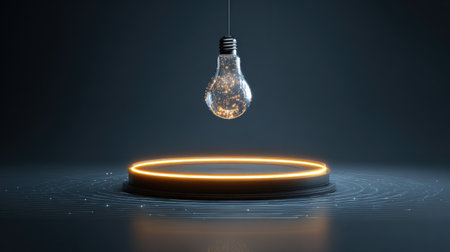 A stunning representation of creativity and innovation, this image features a glowing light bulb suspended above a circular platform against a dark backdrop. The perfect visual for design and technology themes.の素材