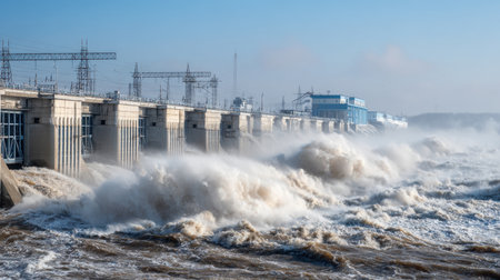 A captivating scene shows powerful waves crashing against a dam, showcasing the raw force of nature. Bright blue sky highlights industrial infrastructure, emphasizing the blend of technology and natural elements. Perfect for eco-energy themes.の素材