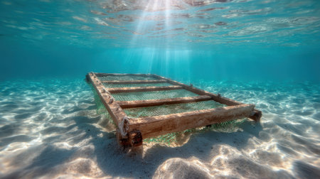 This stunning image captures a unique underwater wooden structure resting on soft sand, illuminated by beams of sunlight filtering from above, creating a tranquil and serene atmosphere in a tropical ocean setting.の素材
