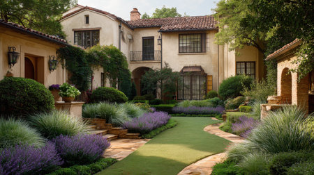 This captivating Mediterranean-style estate features a beautifully landscaped garden with vibrant flowers and a serene pathway. Embrace the tranquility and warmth of this inviting outdoor space.の素材