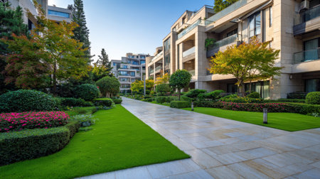 This image showcases a tranquil residential area featuring modern architecture surrounded by vibrant greenery. The well-manicured lawn and colorful flowers create an inviting atmosphere, perfect for leisurely walks and relaxation.の素材