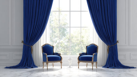 This stunning interior scene features elegant blue armchairs flanked by rich curtains, enhancing the brightness of the sunlit room. Perfect for design inspiration!の素材