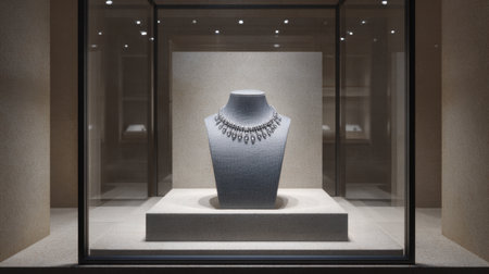A stunning necklace elegantly displayed in a modern showroom setting. The soft lighting creates a luxurious atmosphere, highlighting the exquisite craftsmanship and design.の素材