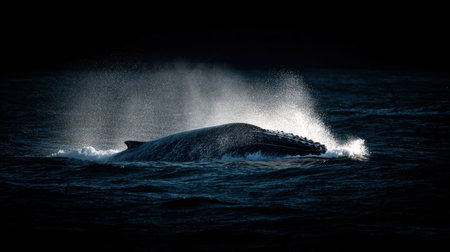 A breathtaking scene of a humpback whale breaching the surface of dark ocean waters, creating a dramatic spray of water amidst serene surroundings.の素材