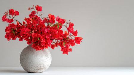 A stunning arrangement of vibrant red bougainvillea flowers in a simplistic stone vase, presenting a beautiful centerpiece for modern interiors.の素材