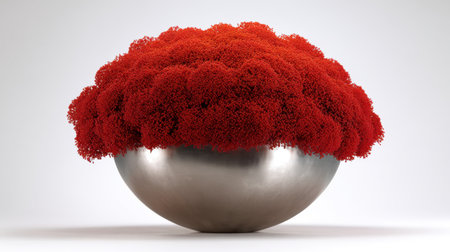 A stunning floral arrangement featuring vibrant red blooms in a sleek metallic bowl, offering an artistic touch to modern interior decor. This captivating piece highlights beauty and creativity in design.の素材