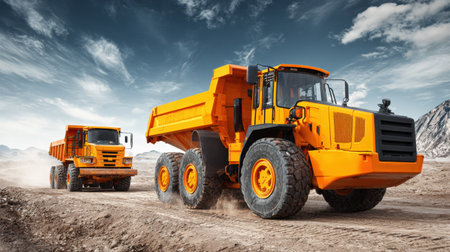 Two bright orange heavy duty trucks navigate a dusty construction site, showcasing robust machinery against a backdrop of blue sky and mountains.の素材