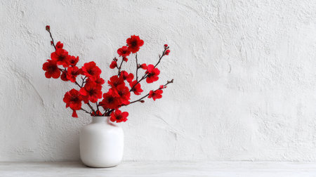 A striking arrangement of red blossom branches elegantly displayed in a minimalist white vase, set against a textured light background, perfect for interior decor and floral inspiration.の素材