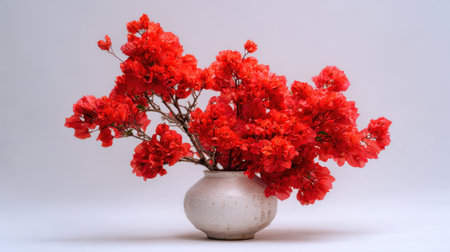 This stunning image features vibrant red bougainvillea branches displayed in an elegant white vase, perfect for enhancing interior spaces.の素材