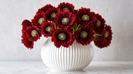 An elegant display of striking red flowers arranged in a white decorative vase, set against a smooth light surface, perfect for enhancing interior decor.の素材