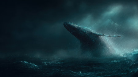 This captivating image captures a majestic whale breaching the turbulent ocean surface amidst dramatic dark skies. The scene portrays nature's raw power and beauty, evoking a sense of wonder and awe at the marine world.の素材