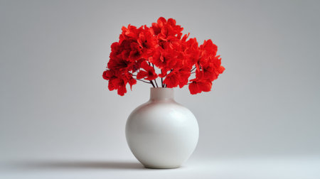 A stunning arrangement of vibrant red flowers in a stylish white vase against a simple background, perfect for home decor inspiration and elegance.の素材
