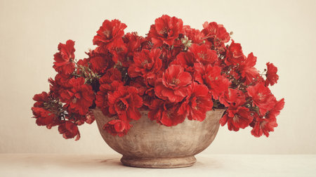 A stunning arrangement of vibrant red flowers in an elegant metallic bowl, set against a soft neutral background. This image captures beauty and warmth.の素材
