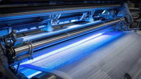 A close-up view of a modern printing machine featuring vibrant blue lighting. This high-tech equipment showcases advanced manufacturing processes in a professional print shop environment.の素材