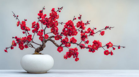 This stunning arrangement showcases vibrant red flowering branches in a smooth white vase, creating a striking contrast against a soft background, perfect for decor.の素材