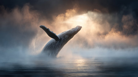 A whale elegantly breaches the water's surface, creating a stunning splash amidst a misty ocean at sunrise, capturing a serene and majestic moment in nature.の素材
