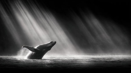 A breathtaking black and white image of a whale breaching the surface, surrounded by illuminating sun rays, capturing the power and beauty of marine life.の素材