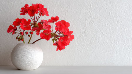 A stunning arrangement of vibrant red flowers in a modern white vase, set against a textured wall. Perfect for enhancing any interior space with elegance and charm.の素材