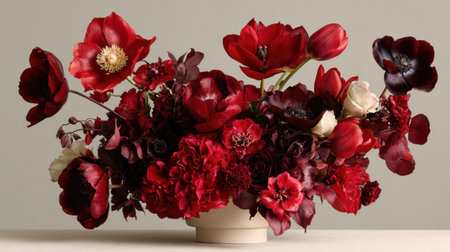 A stunning floral arrangement featuring various red and dark blossoms, perfect for enhancing any celebration, event, or home decor with elegance and charm.の素材