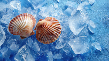This stunning image features beautifully patterned scallop shells resting on a bed of crushed ice, creating a fresh and inviting seafood display. The vivid blue background enhances the natural beauty of the shells, making it ideal for culinary themes or ocean-inspired presentations.の素材