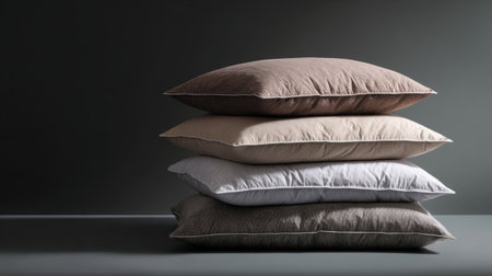 A beautifully arranged stack of soft decorative pillows showcasing a blend of muted colors and textures, perfect for enhancing home decor and comfort.の素材