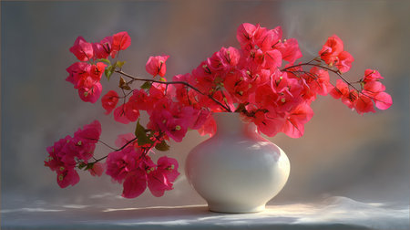 A stunning display of vibrant pink bougainvillea blooms arranged in a white ceramic vase. The soft background light enhances the beauty and freshness of this floral arrangement. Perfect for home decor or artistic displays.の素材